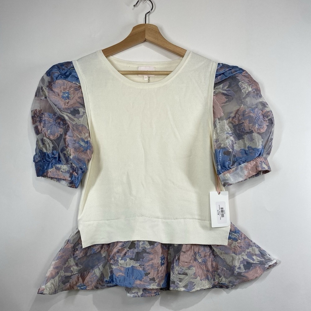 Entro Womens Floral Sheer Puff Sleeve Ruffle Hem Cottage Mixed Media Top Size M